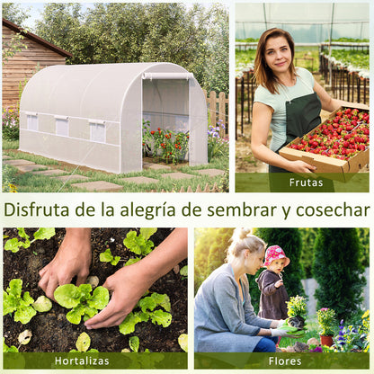 Outsunny Estufa Tipo Túnel 400x200x200cm Estufa de Jardim com Portas Enroláveis e 6 Janelas Cobertura de PE 140 g/m² Estrutura de Metal para Cultivo de Plantas Verduras Branco