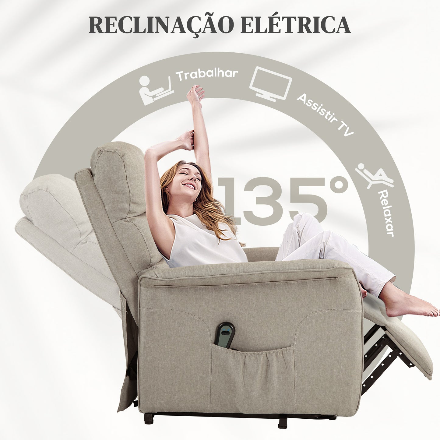 HOMCOM Poltrona Relax Reclinável Elétrica Poltrona Levanta Pessoas com Controlo Remoto e Bolso Lateral Poltrona Elétrica para Sala de Estar Dormitório 66x90x96 cm Bege