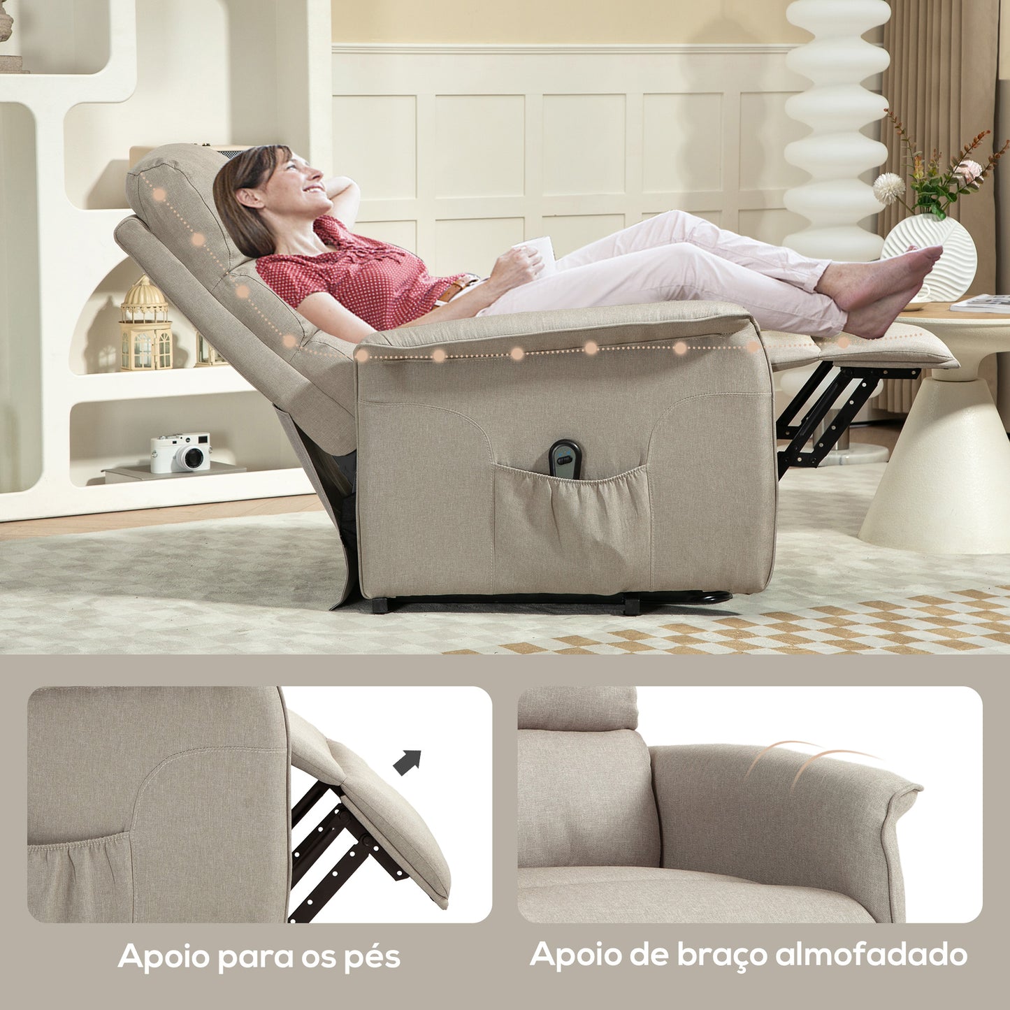 HOMCOM Poltrona Relax Reclinável Elétrica Poltrona Levanta Pessoas com Controlo Remoto e Bolso Lateral Poltrona Elétrica para Sala de Estar Dormitório 66x90x96 cm Bege