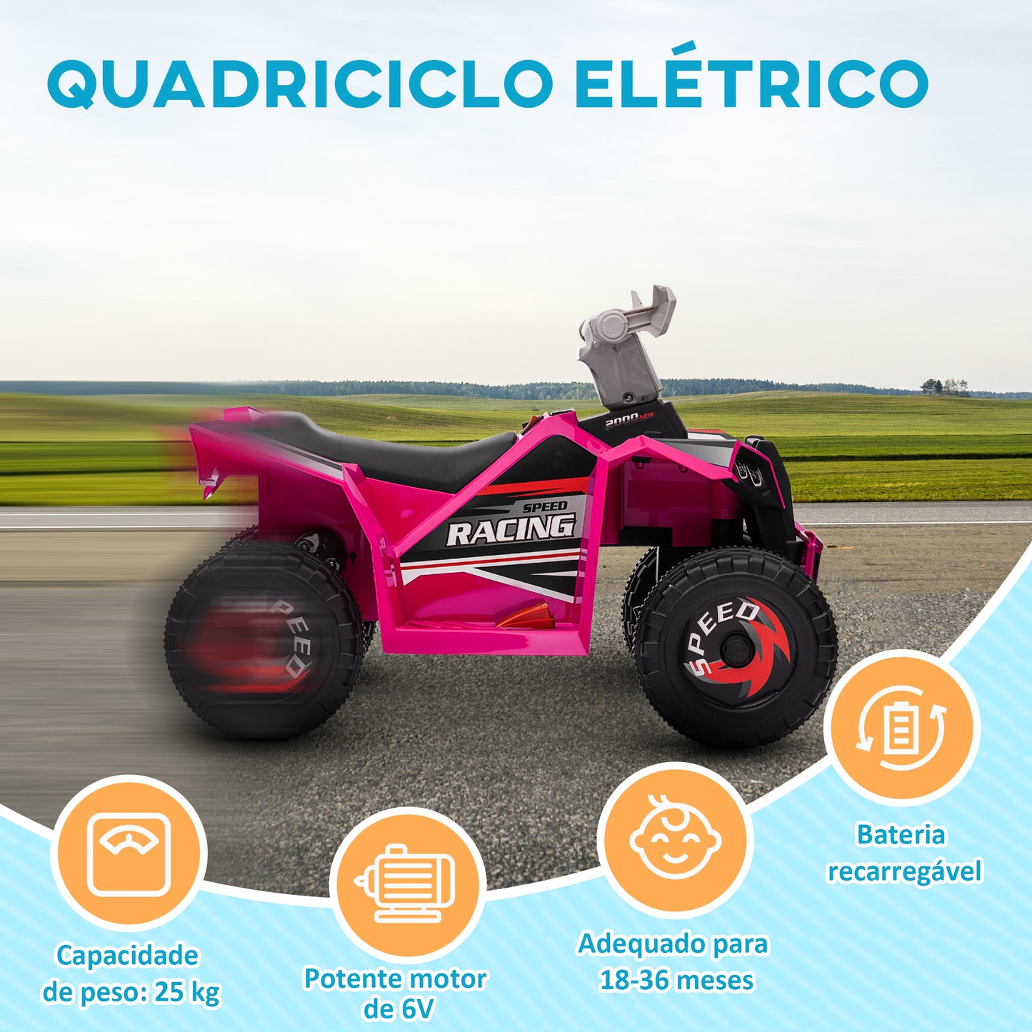 HOMCOM Quadriciclo Elétrico para Crianças 18-36 Meses Veículo Elétrico a Bateria de 6V com Velocidade 2,5 km/h Avanço e Marcha Atrás 70x41,5x48,5 cm Rosa