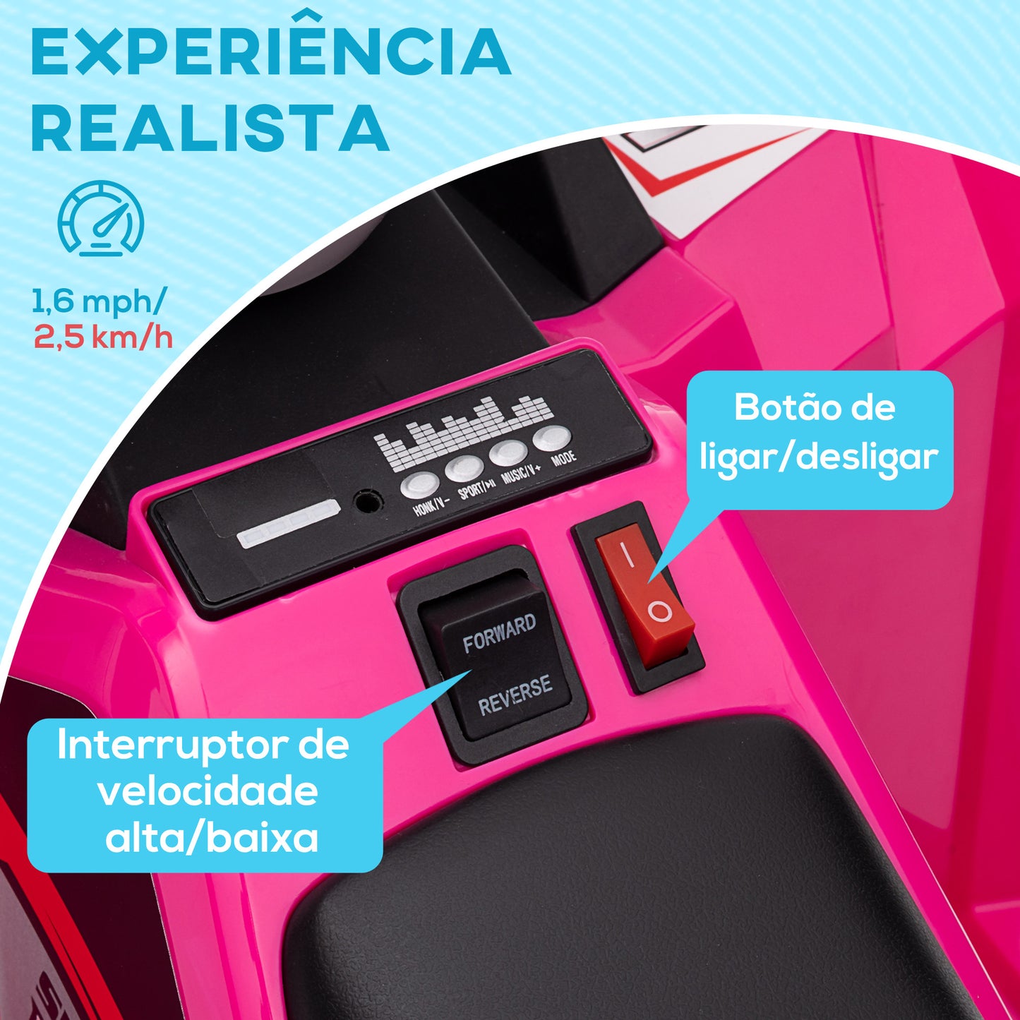 HOMCOM Quadriciclo Elétrico para Crianças 18-36 Meses Veículo Elétrico a Bateria de 6V com Velocidade 2,5 km/h Avanço e Marcha Atrás 70x41,5x48,5 cm Rosa