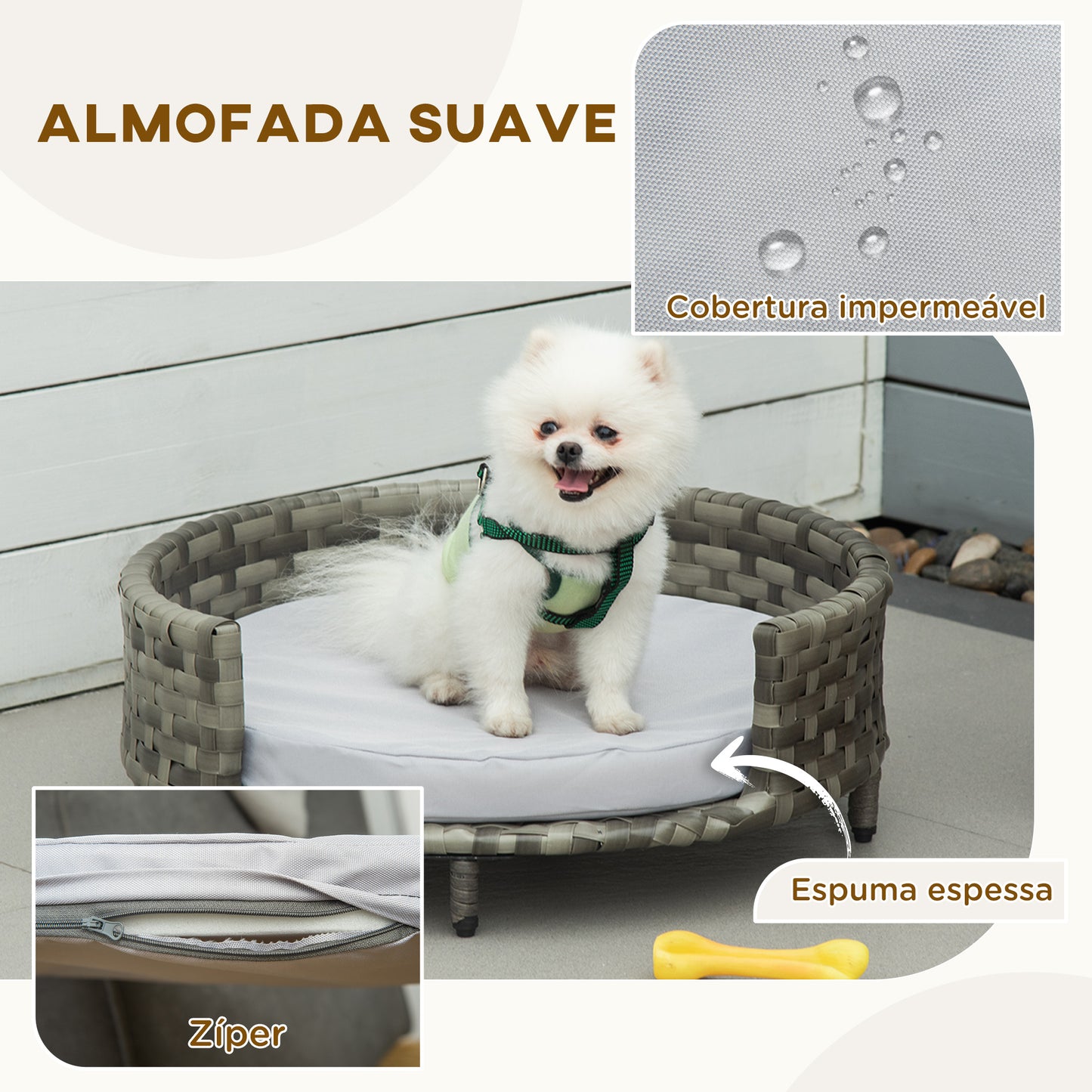 PawHut Sofá Cama para Cães e Gatos de Vime PE Cama Elevada Redonda para Animais de Estimação com Almofada Suave Lavável para Interior e Exterior 60x60x20cm Cinza