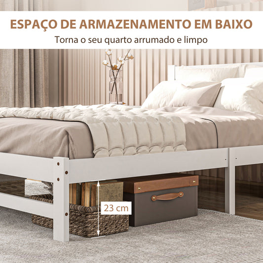 HOMCOM Estrutura de Cama de Madeira Estrado de Cama de Casal para Colchão 190x135 cm Carga 300 kg 195x141x80 cm Branco