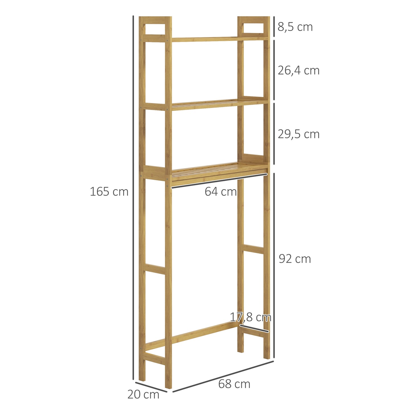 kleankin Estante sobre Sanita de Bambu Estante Casa de Banho com 3 Prateleiras Pés com Almofadas Antiderrapantes e Anti-Tombo Estilo Moderno 68x20x135 cm Madeira