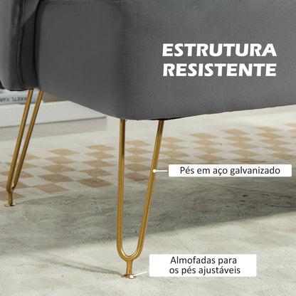 Sofá Elegance de 2 Lugares - Veludo Cinza com Pés Dourados e Almofadas - Design Moderno