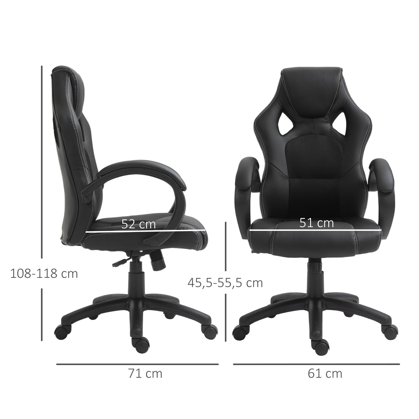 HOMCOM Cadeira de Escritório Ergonómica Cadeira de Escritório Giratória com Altura Ajustável Encosto Alto Estofado em Couro PU e Malha Transpirável 71x61x108-118cm Preto