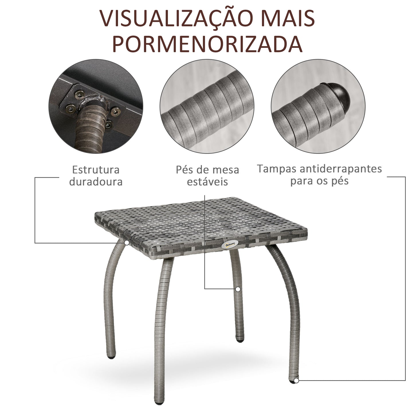 Outsunny Mesa de Jardim de Vime Mesinha Auxiliar com Pés de Metal Capacidade 30 kg Mesa de Exterior para Pátio Terraço Varanda 45x45x44 cm Cinza