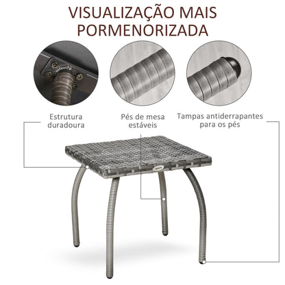 Outsunny Mesa de Jardim de Vime Mesinha Auxiliar com Pés de Metal Capacidade 30 kg Mesa de Exterior para Pátio Terraço Varanda 45x45x44 cm Cinza