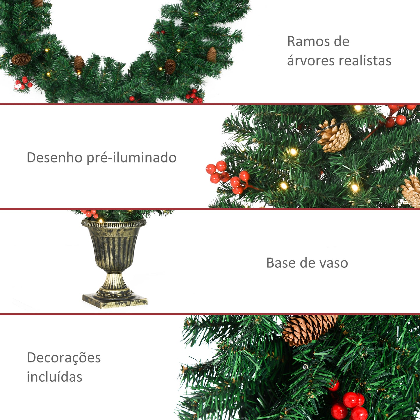 HOMCOM Conjunto de Decoração de Natal 4 Peças Decoração de Natal com 2 Árvores de Natal Coroa e Grinalda com Luzes LED Branca e Bagas Vermelhas 40x40x90cm Verde