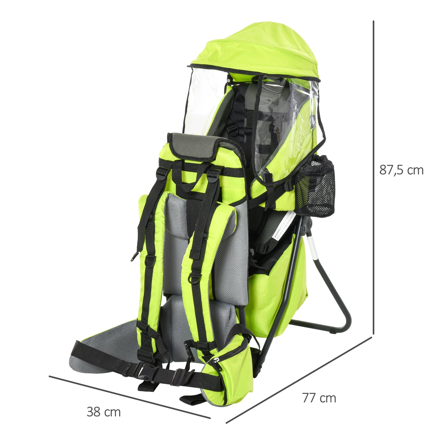 HOMCOM Mochila Porta Bebés Dobrável Mochila Porta Bebés Ergonómica com Capa Impermeável Base de Suporte e Múltiplos Bolsos para 6-36 Meses Carga Máxima 15 kg 38x77x87,5 cm Verde Claro