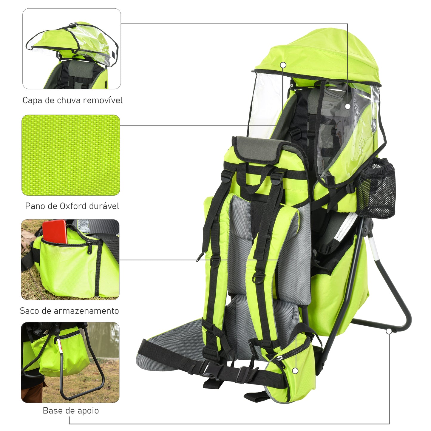 HOMCOM Mochila Porta Bebés Dobrável Mochila Porta Bebés Ergonómica com Capa Impermeável Base de Suporte e Múltiplos Bolsos para 6-36 Meses Carga Máxima 15 kg 38x77x87,5 cm Verde Claro