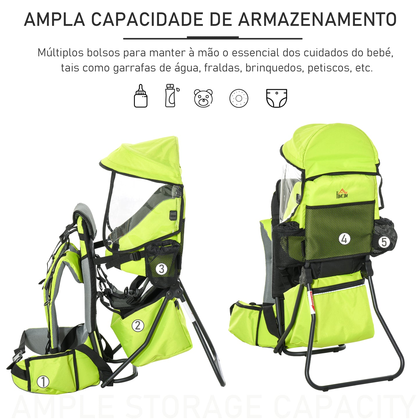 HOMCOM Mochila Porta Bebés Dobrável Mochila Porta Bebés Ergonómica com Capa Impermeável Base de Suporte e Múltiplos Bolsos para 6-36 Meses Carga Máxima 15 kg 38x77x87,5 cm Verde Claro