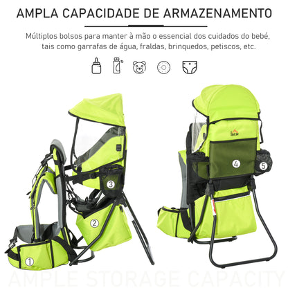 HOMCOM Mochila Porta Bebés Dobrável Mochila Porta Bebés Ergonómica com Capa Impermeável Base de Suporte e Múltiplos Bolsos para 6-36 Meses Carga Máxima 15 kg 38x77x87,5 cm Verde Claro