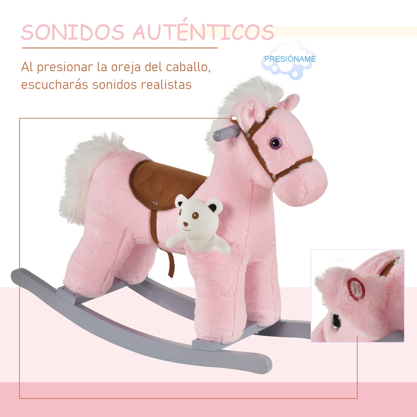 HOMCOM Cavalo Baloiço para Crianças de 18-36 Meses Cavalo de Balançar com Ursinho de Pelúcia Sons de Relinchos e Galopes base de Madeira 65x26x55cm Rosa