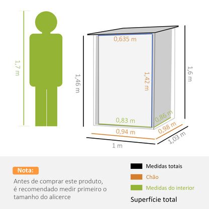 Outsunny Abrigo de Jardim 0,92 m² 100x103x160cm Abrigo Exterior de Aço Galvanizado com Porta Fechadura e Teto Inclinado para Armazenamento de Ferramentas Verde