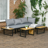 Outsunny Conjunto Móveis de Jardim de Alumínio 3 Peças Conjunto de Móveis de Exterior Inclui 2 Sofás com Almofadas Mesa de Centro e Painel Lateral para Varanda Cinza e Madeira