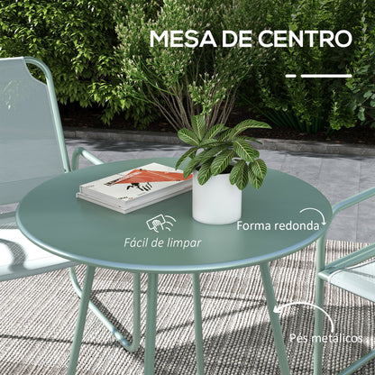 Outsunny Conjunto de Móveis de Jardim Conjunto de 1 Mesa Redonda e 2 Cadeiras de Varanda com Estrutura de Aço Apoio para os Braços e Pés com Almofadas Ajustáveis para Varanda Pátio Verde