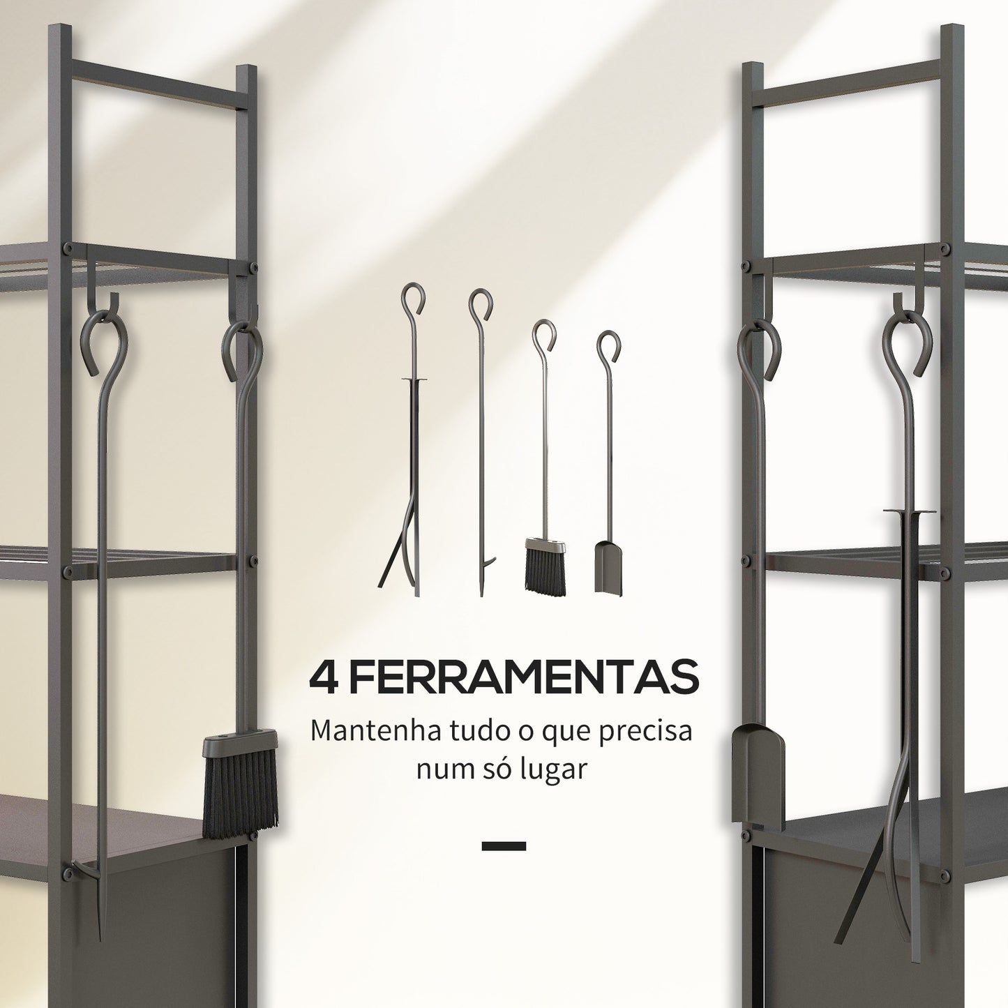 Outsunny Suporte para Lenha com Rodas Suporte para Lenha de 4 Níveis Estante para Lenha com Pá Escova Atiçador e Tenaz para Interior e Exterior 45x30x118 cm Preto