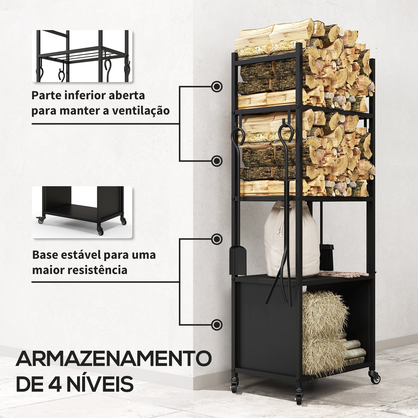 Outsunny Suporte para Lenha com Rodas Suporte para Lenha de 4 Níveis Estante para Lenha com Pá Escova Atiçador e Tenaz para Interior e Exterior 45x30x118 cm Preto