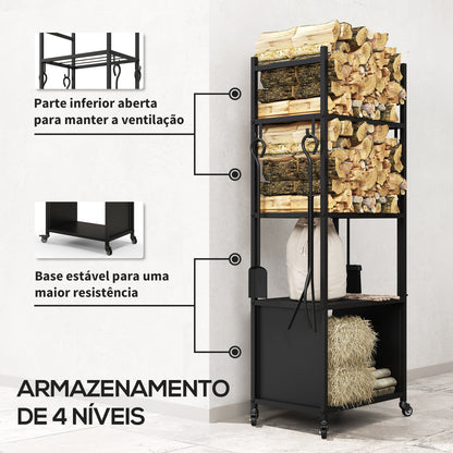 Outsunny Suporte para Lenha com Rodas Suporte para Lenha de 4 Níveis Estante para Lenha com Pá Escova Atiçador e Tenaz para Interior e Exterior 45x30x118 cm Preto