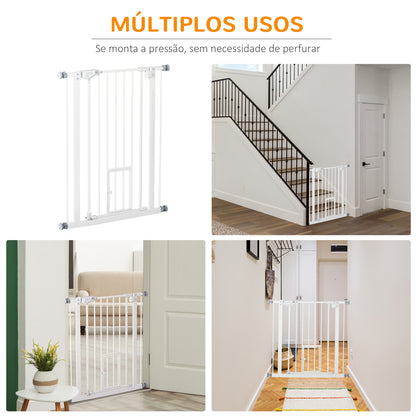 PawHut Barreira de Segurança para Cães Animais de Estimação 74-100cm para Escadas Portas e Corredores com Porta para Gatos Fechamento Automático e Sistema de Duplo Bloqueio Altura 91,4cm Branco