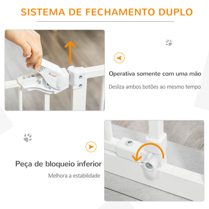 PawHut Barreira de Segurança para Cães Animais de Estimação 74-100cm para Escadas Portas e Corredores com Porta para Gatos Fechamento Automático e Sistema de Duplo Bloqueio Altura 91,4cm Branco