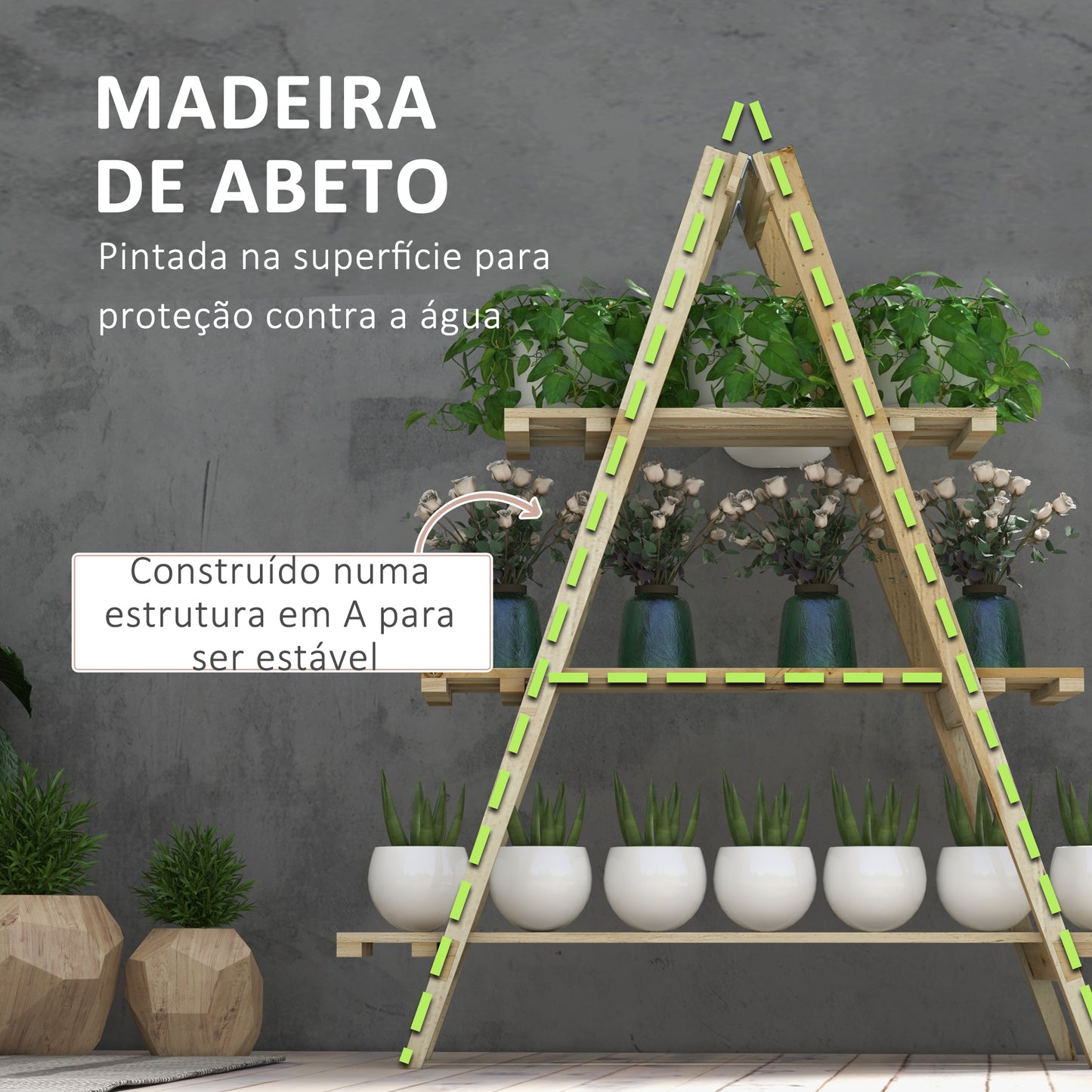 Outsunny Suporte de Madeira para Plantas Dobrável Estante Decorativo para Vasos de 3 Níveis com Estrutura em Forma de A para Jardim Pátio Varanda 100x36x112 cm Natural