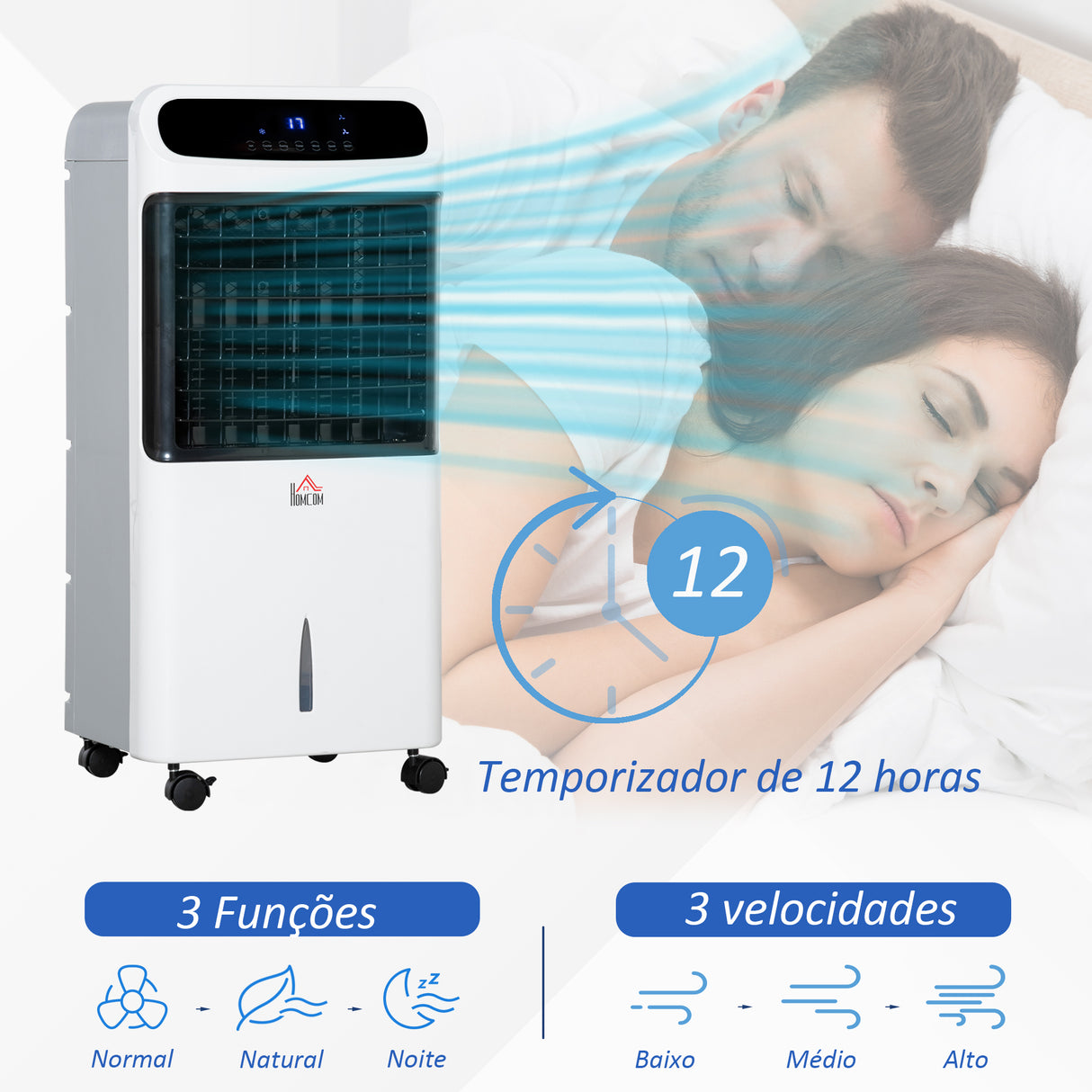 HOMCOM Climatizador Humidificador Refrigerador de Ar com Rodas Depósito de 12L Controlo Remoto 3 Modos de Velocidade Temporizador 12h e Ecrã LED Tátil 38x35x81cm Branco