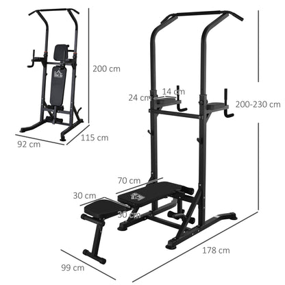 HOMCOM Estação de Musculação Torre de Treinamento Altura Ajustável com Barra de Flexões e Banco Dobrável para Fitness em Casa Academia Carga 150kg 99x178x230cm Preto