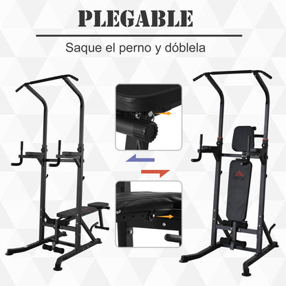 HOMCOM Estação de Musculação Torre de Treinamento Altura Ajustável com Barra de Flexões e Banco Dobrável para Fitness em Casa Academia Carga 150kg 99x178x230cm Preto