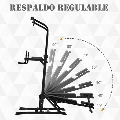 HOMCOM Estação de Musculação Torre de Treinamento Altura Ajustável com Barra de Flexões e Banco Dobrável para Fitness em Casa Academia Carga 150kg 99x178x230cm Preto