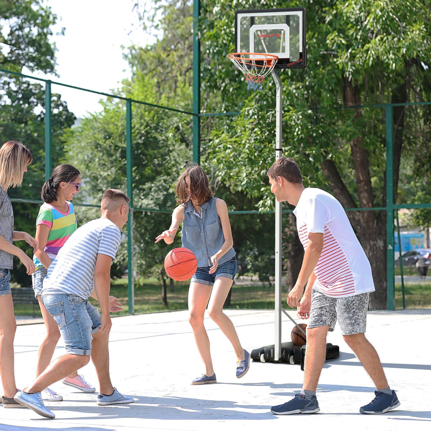 SPORTNOW Tabela de Basquetebol com Rodas Altura Ajustável 260-305cm Cesta de Basquetebol Portátil com Tabela de PVC e Base para Exteriores 90x83x310-360cm Branco