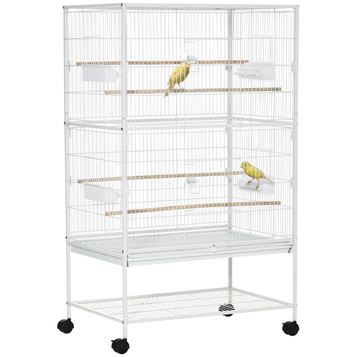 PawHut Gaiola para Pássaros com Rodas 78x52x132cm Gaiola para Pássaros Metálica com Bandeja Amovível 4 Portas 4 Comedouros 4 Poleiros e Prateleira de Armazenamento para Canários Periquitos Branco