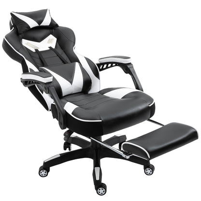 Vinsetto Cadeira de escritorio gaming ergonômica Altura ajustável Reclinável Encosto com apoio para pés Encosto de cabeça Almofada lombar Rodas 65x70x118,5-126,5 cm Branco e Preto