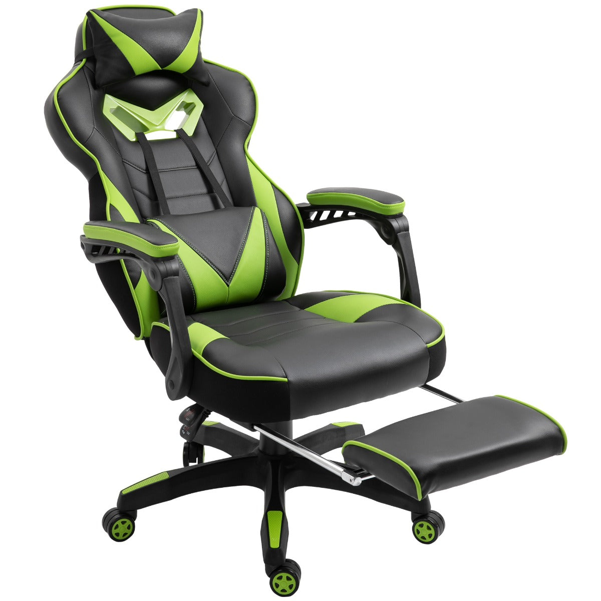 Vinsetto Cadeira de escritorio gaming ergonômica Altura ajustável Reclinável Encosto com apoio para pés Encosto de cabeça Almofada lombar Rodas 65x70x118,5-126,5 cm Verde e Preto