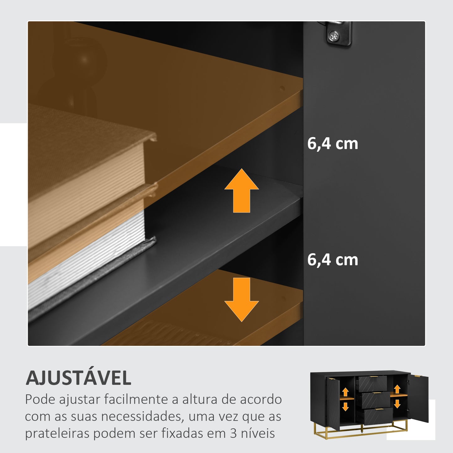 Aparador Auxiliar Armário de Armazenamento com 3 Gavetas e 2 Armários com Porta Prateleira Ajustável para Sala de Estar Cozinha 120x40x76 cm Preto