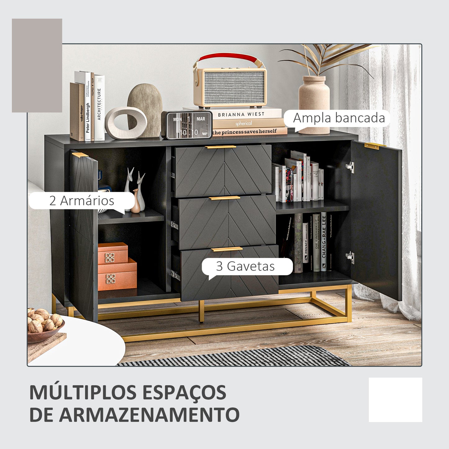 Aparador Auxiliar Armário de Armazenamento com 3 Gavetas e 2 Armários com Porta Prateleira Ajustável para Sala de Estar Cozinha 120x40x76 cm Preto