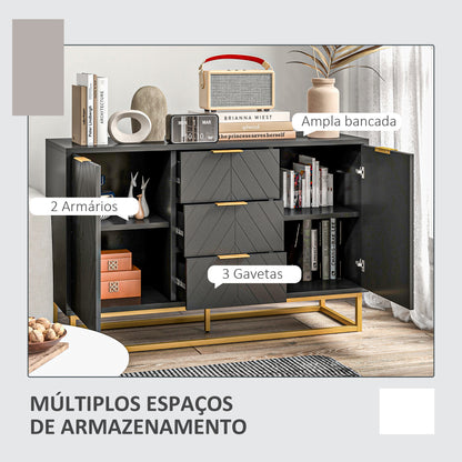 Aparador Auxiliar Armário de Armazenamento com 3 Gavetas e 2 Armários com Porta Prateleira Ajustável para Sala de Estar Cozinha 120x40x76 cm Preto