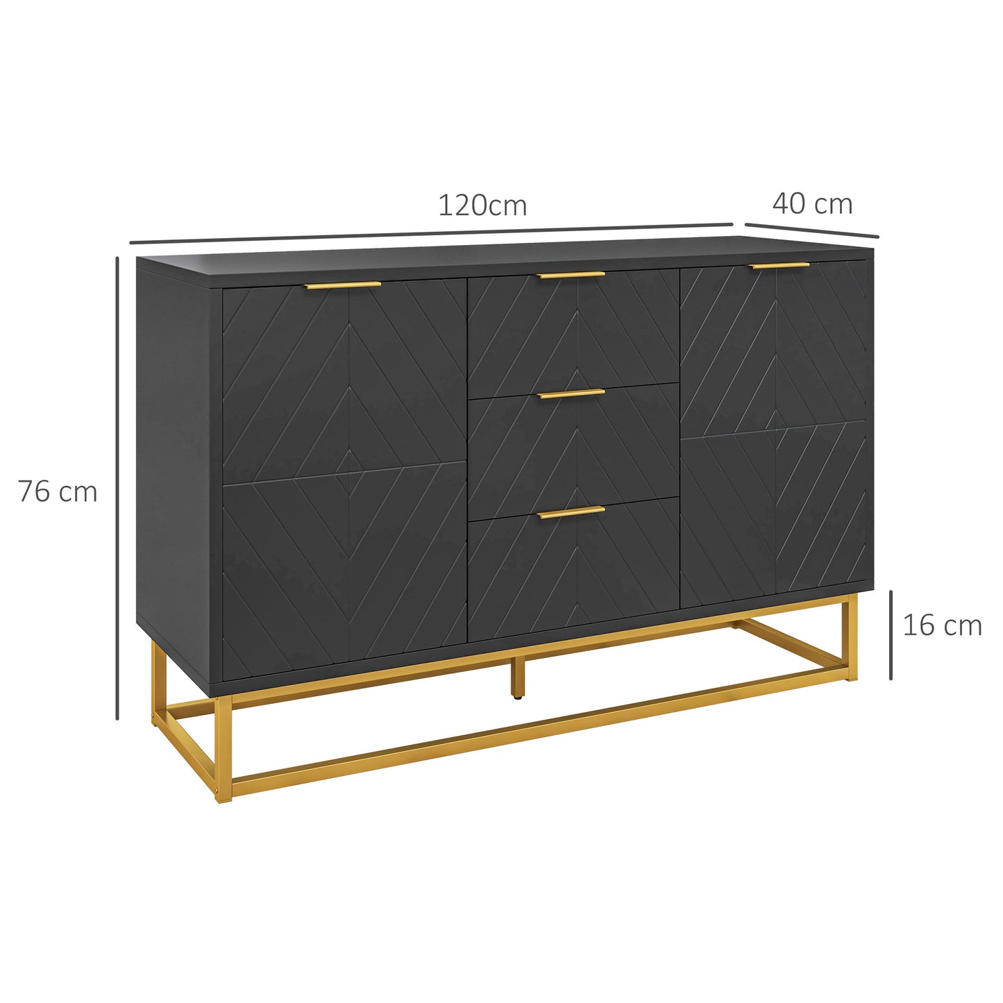 Aparador Auxiliar Armário de Armazenamento com 3 Gavetas e 2 Armários com Porta Prateleira Ajustável para Sala de Estar Cozinha 120x40x76 cm Preto