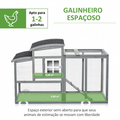 PawHut Galinheiro de Madeira para Exterior Gaiola para 1-2 Galinhas com Caixa Ninho Cercado de Arame Teto Asfáltico Bandeja Removível e Rampa 140x67x88,5cm Cinza