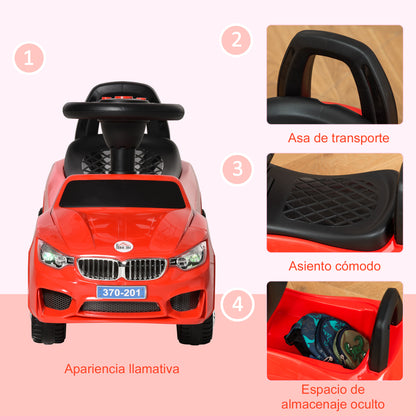 HOMCOM Carro Andador para Crianças de 18-36 Meses com Faróis Música Buzina Volante Compartimento de Armazenamento e Alça para Empurrar 63,5x28x36 Vermelho