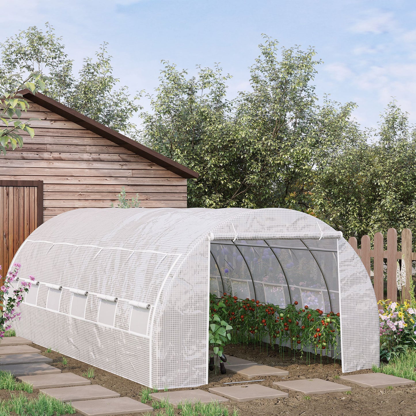 Outsunny Estufa Tipo Túnel de Jardim 6x3x2m com Porta Enrolável 12 Janelas Cobertura de PE 140g/m² e Metal Galvanizado para Cultivos de Plantas Verduras Branco