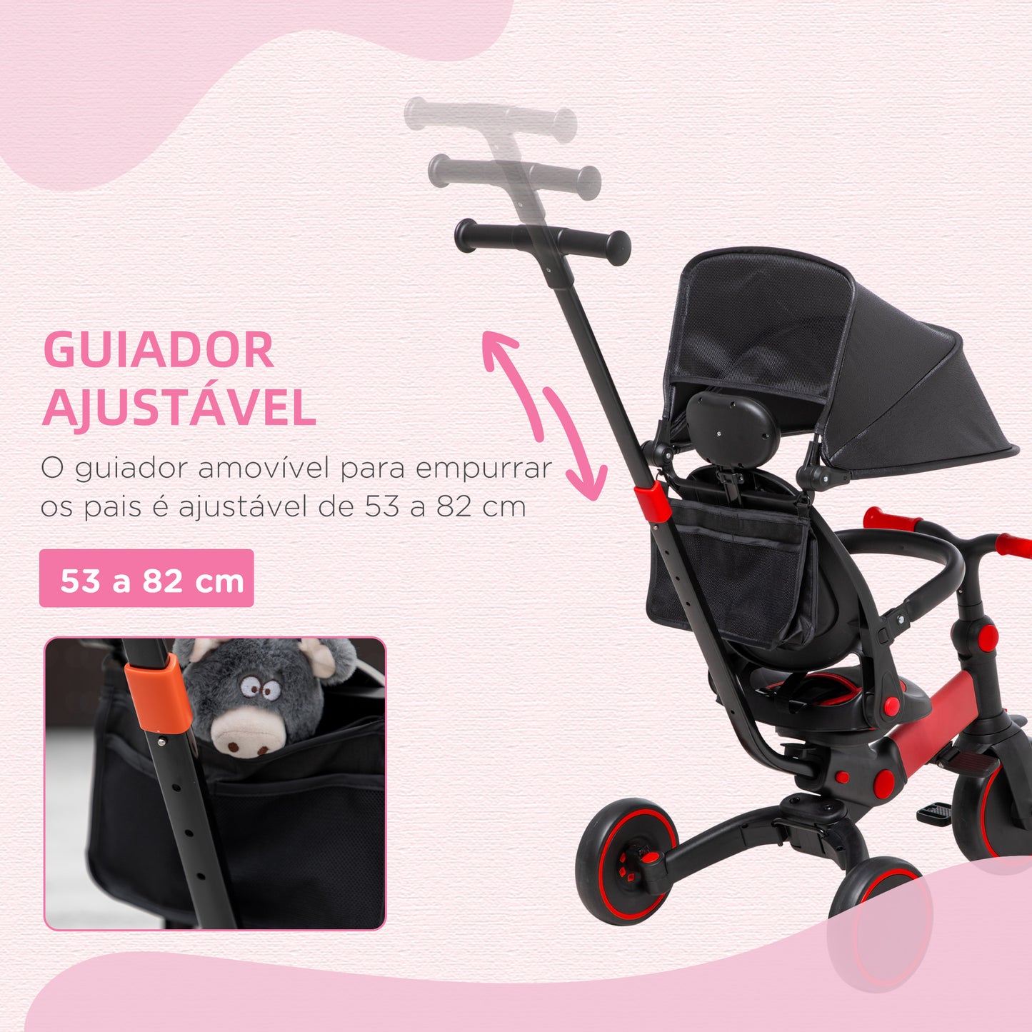 AIYAPLAY Triciclo 3 em 1 para Crianças Triciclo Evolutivo para Crianças acima de 18 Meses Carga Máx. 25kg Capô Dobrável Guiador Desmontável e Estrutura de Alumínio 96,5x49x101cm Preto e Vermelho