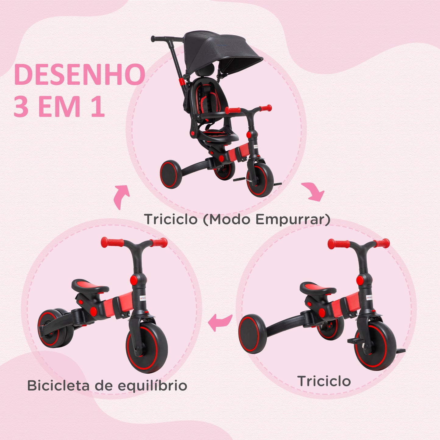 AIYAPLAY Triciclo 3 em 1 para Crianças Triciclo Evolutivo para Crianças acima de 18 Meses Carga Máx. 25kg Capô Dobrável Guiador Desmontável e Estrutura de Alumínio 96,5x49x101cm Preto e Vermelho