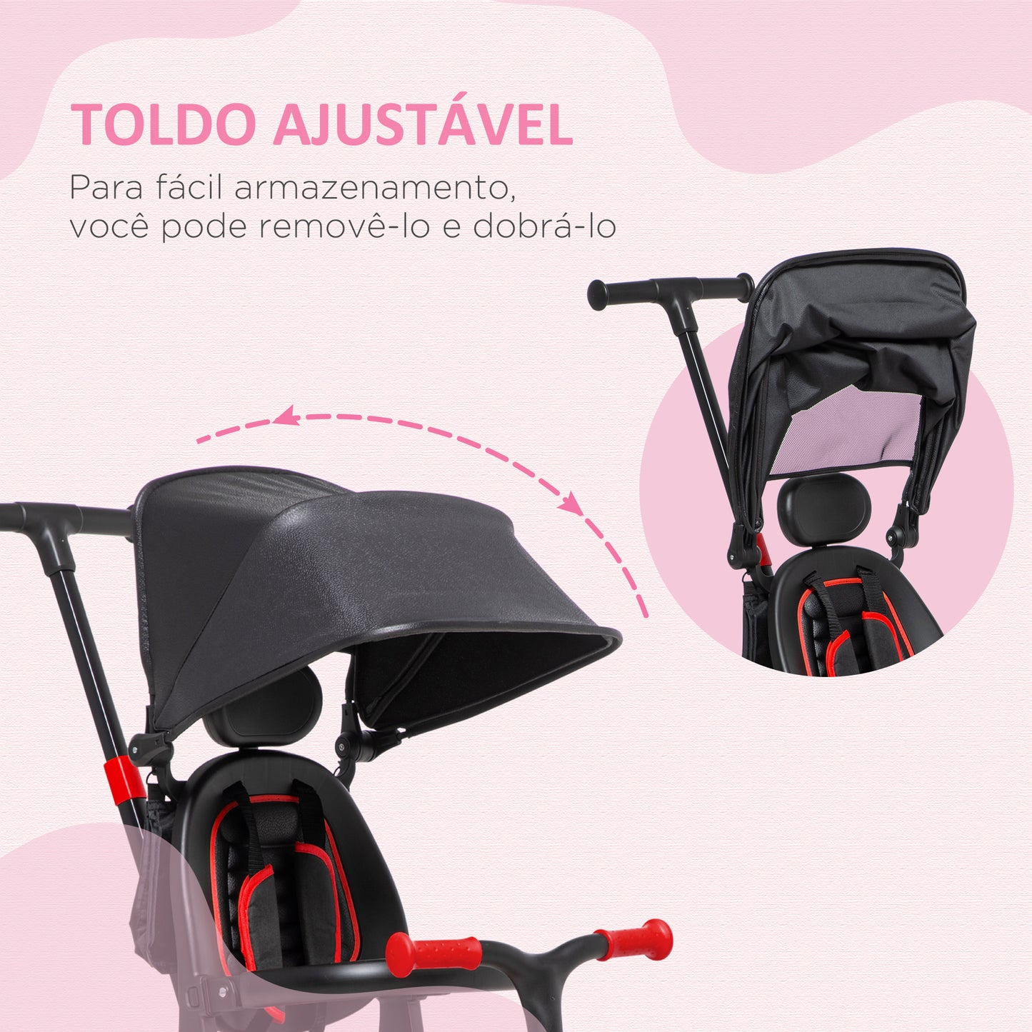 AIYAPLAY Triciclo 3 em 1 para Crianças Triciclo Evolutivo para Crianças acima de 18 Meses Carga Máx. 25kg Capô Dobrável Guiador Desmontável e Estrutura de Alumínio 96,5x49x101cm Preto e Vermelho