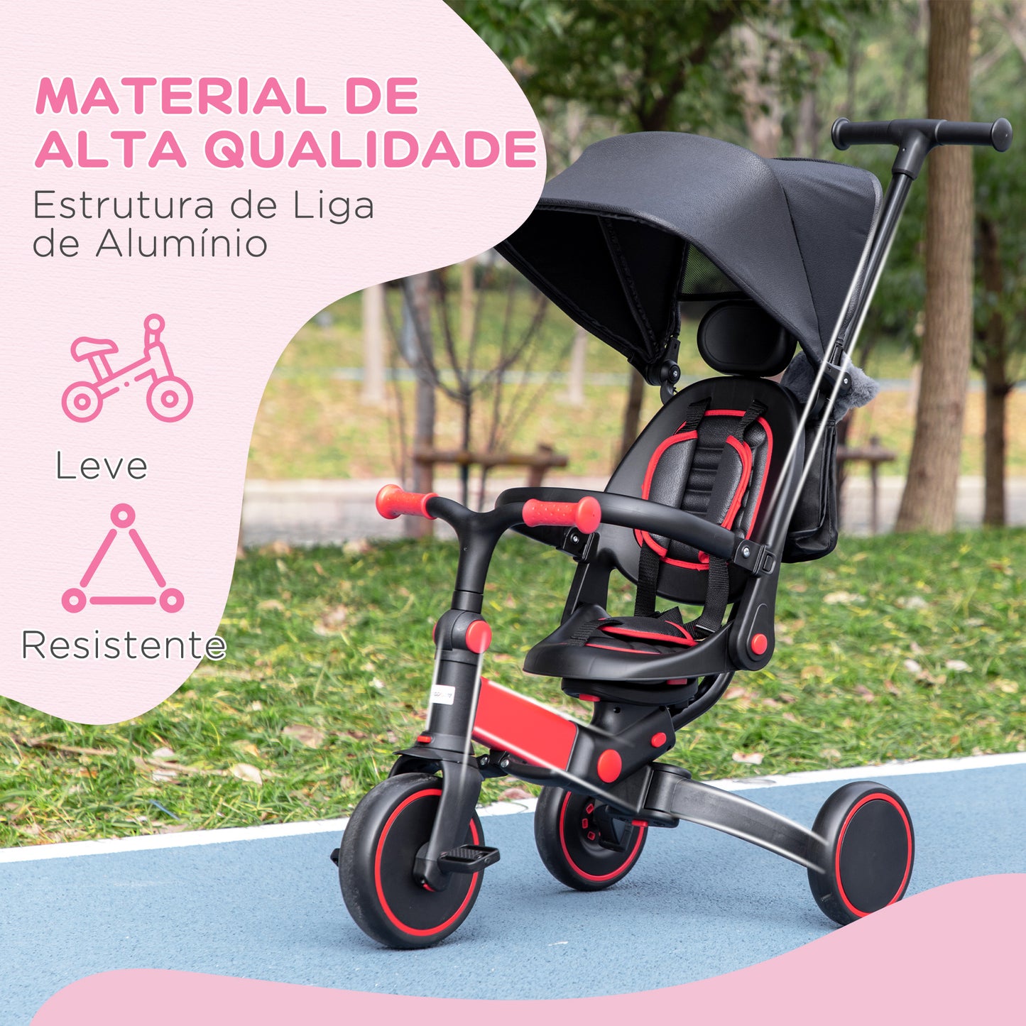 AIYAPLAY Triciclo 3 em 1 para Crianças Triciclo Evolutivo para Crianças acima de 18 Meses Carga Máx. 25kg Capô Dobrável Guiador Desmontável e Estrutura de Alumínio 96,5x49x101cm Preto e Vermelho