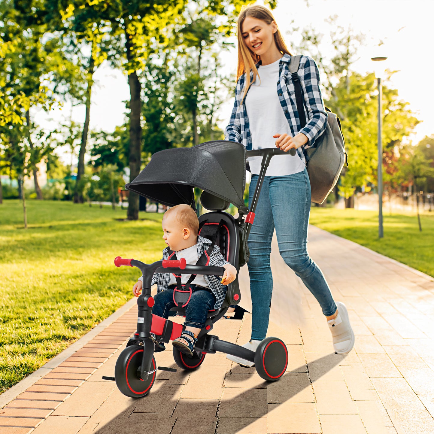 AIYAPLAY Triciclo 3 em 1 para Crianças Triciclo Evolutivo para Crianças acima de 18 Meses Carga Máx. 25kg Capô Dobrável Guiador Desmontável e Estrutura de Alumínio 96,5x49x101cm Preto e Vermelho