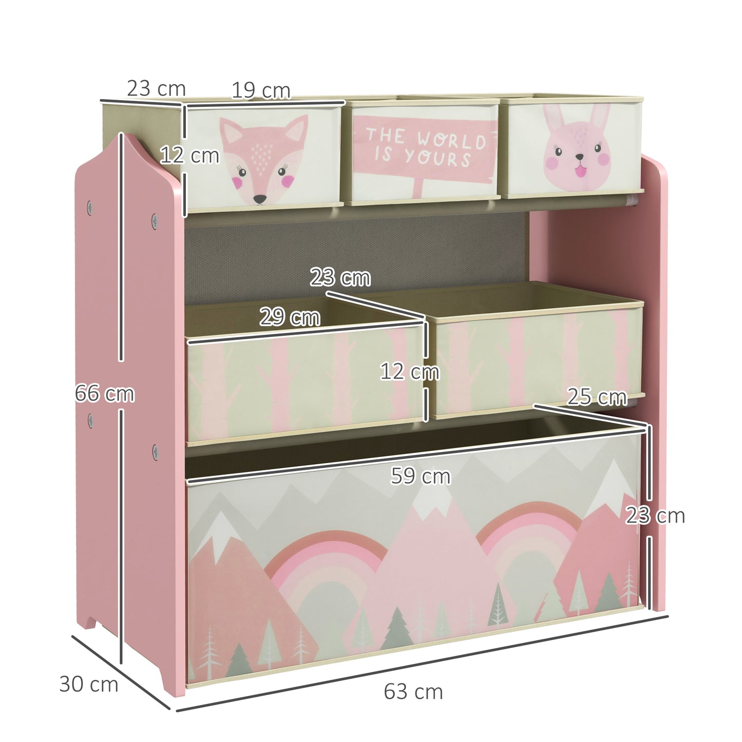 ZONEKIZ Estante para Brinquedos com 6 Caixas de Tecido não Tecido Amovíveis Organizador de Brinquedos para Crianças de 3-8 Anos para Dormitório 63x30x66 cm Rosa