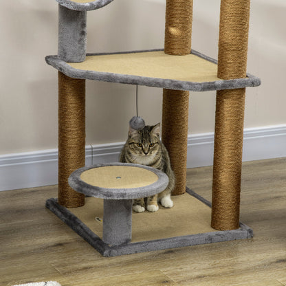 PawHut Árvore Arranhador para Gatos de 122cm Torre de Arranhar para Gatos com Múltiplas Camas Plataforma Bolas Suspensas e Poste de Sisal 49x49x122cm Marrom