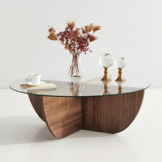 Mesa de Centro "Lily" – Vidro Temperado e Nogueira - 90x90x30 cm – Design Moderno e Elegante